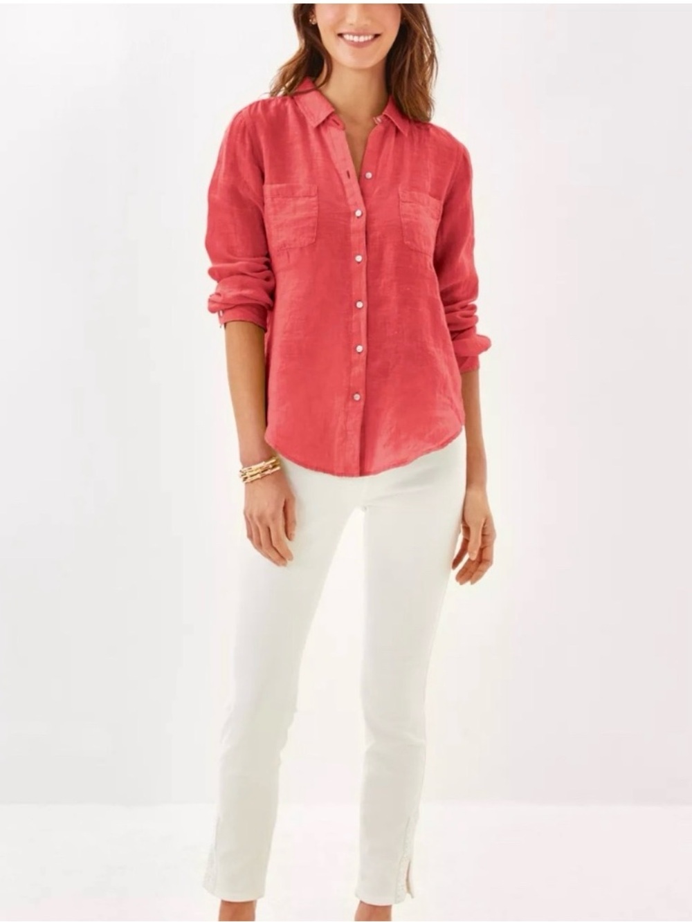 Lilly Pulitzer Sea View Linen Button Down Top Cane  Coral Crab Sherbet 🪸🦀🌸